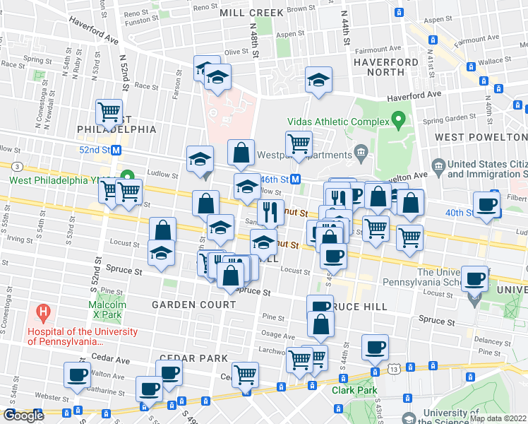 map of restaurants, bars, coffee shops, grocery stores, and more near 4712 Chestnut Street in Philadelphia