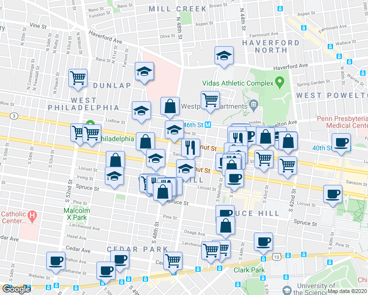 map of restaurants, bars, coffee shops, grocery stores, and more near in Philadelphia