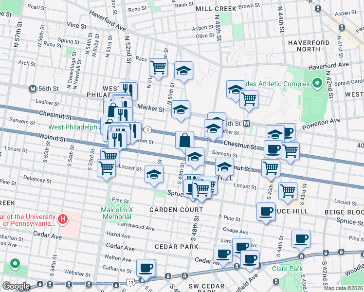 map of restaurants, bars, coffee shops, grocery stores, and more near 4840 Chestnut Street in Philadelphia