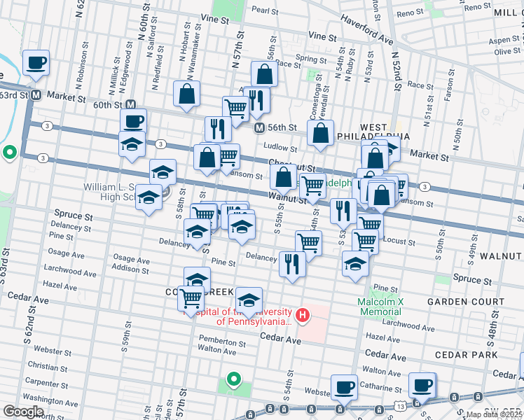 map of restaurants, bars, coffee shops, grocery stores, and more near 5526 Chancellor Street in Philadelphia