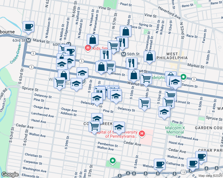 map of restaurants, bars, coffee shops, grocery stores, and more near 244 South Ithan Street in Philadelphia