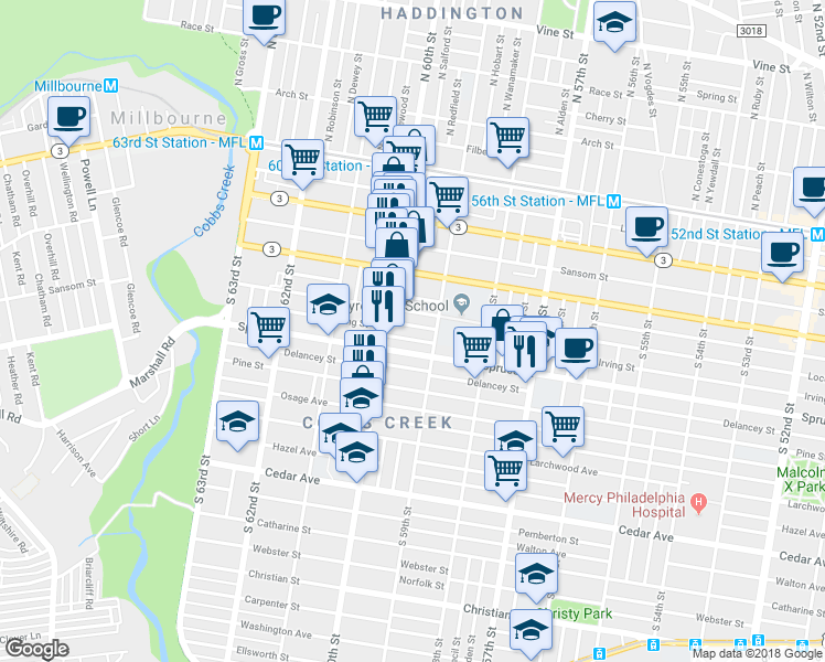 map of restaurants, bars, coffee shops, grocery stores, and more near 246 South 59th Street in Philadelphia