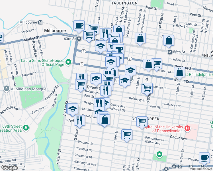 map of restaurants, bars, coffee shops, grocery stores, and more near 6033 Spruce Street in Philadelphia