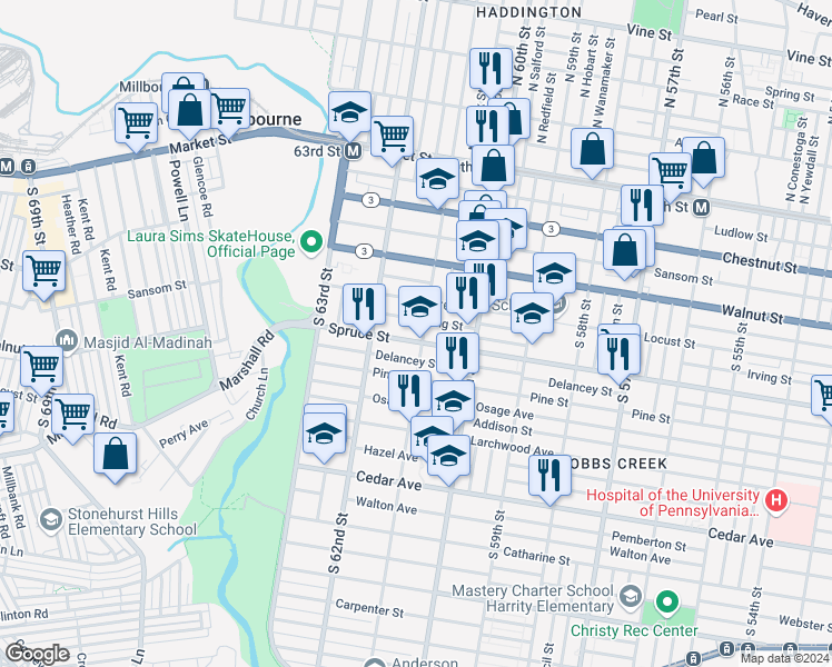 map of restaurants, bars, coffee shops, grocery stores, and more near 6121 Spruce Street in Philadelphia
