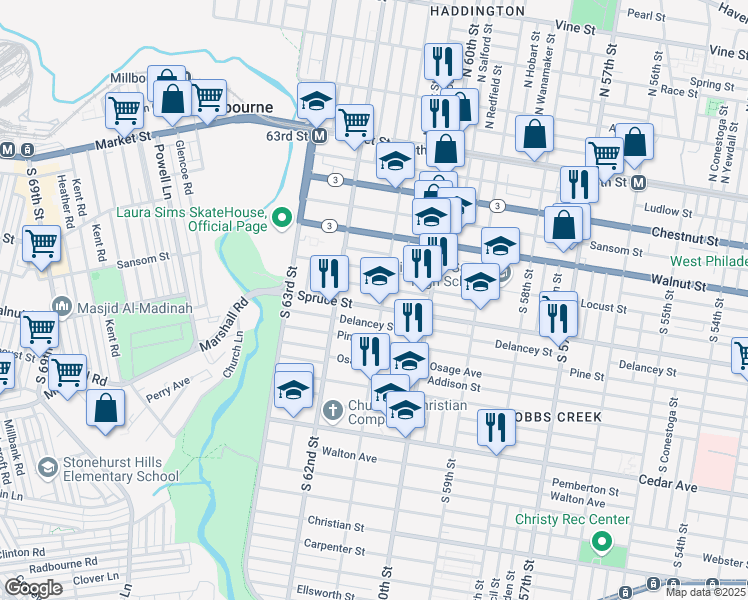 map of restaurants, bars, coffee shops, grocery stores, and more near 6121 Spruce Street in Philadelphia