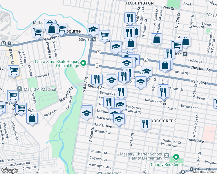 map of restaurants, bars, coffee shops, grocery stores, and more near 6117 Spruce Street in Philadelphia