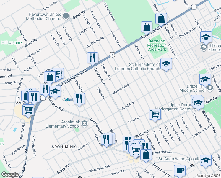 map of restaurants, bars, coffee shops, grocery stores, and more near 1113 Drexel Avenue in Drexel Hill