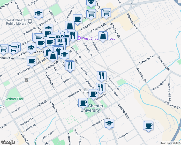 map of restaurants, bars, coffee shops, grocery stores, and more near 418 South Matlack Street in West Chester