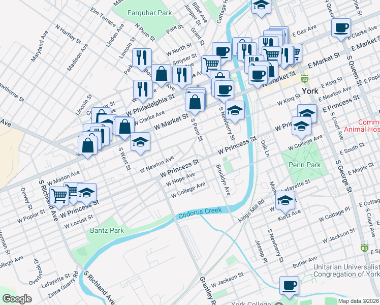 map of restaurants, bars, coffee shops, grocery stores, and more near 442 Salem Avenue in York