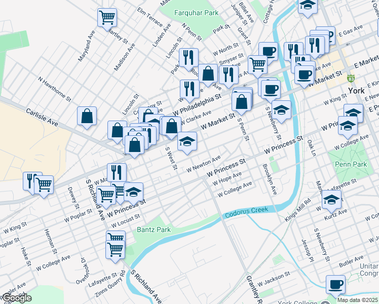 map of restaurants, bars, coffee shops, grocery stores, and more near 559 West King Street in York