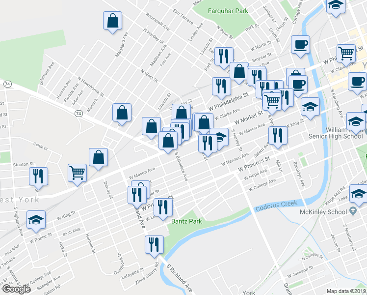 map of restaurants, bars, coffee shops, grocery stores, and more near 652 West Market Street in York