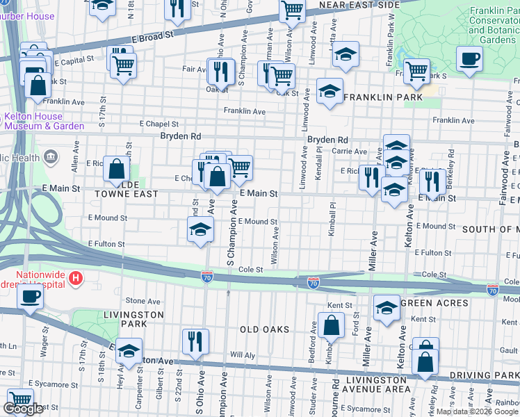 map of restaurants, bars, coffee shops, grocery stores, and more near 434 Oakwood Avenue in Columbus