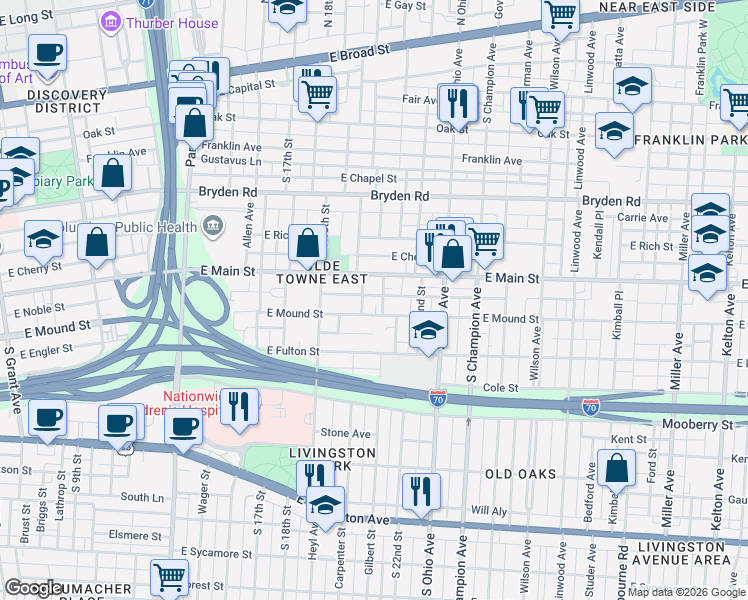 map of restaurants, bars, coffee shops, grocery stores, and more near 943 McAllister Avenue in Columbus