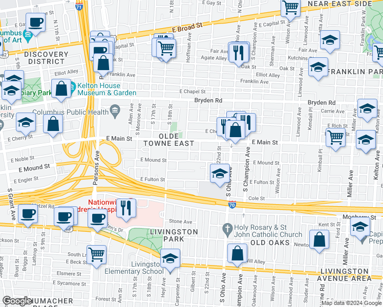 map of restaurants, bars, coffee shops, grocery stores, and more near 943 McAllister Avenue in Columbus