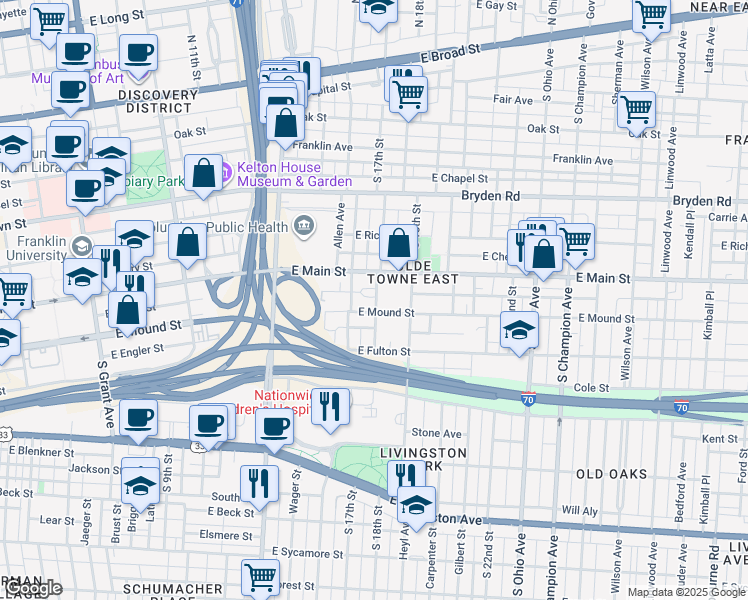 map of restaurants, bars, coffee shops, grocery stores, and more near 774 East Mound Street in Columbus