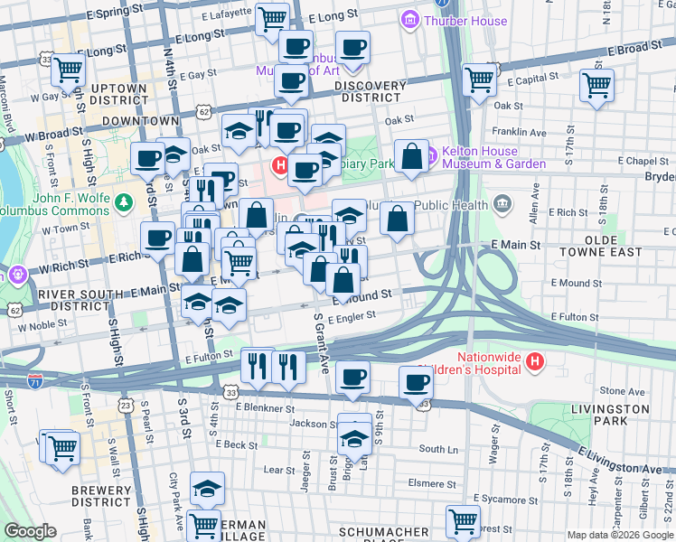 map of restaurants, bars, coffee shops, grocery stores, and more near 381 East Main Street in Columbus