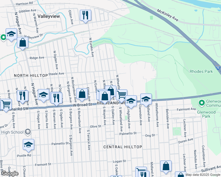 map of restaurants, bars, coffee shops, grocery stores, and more near 72 North Wayne Avenue in Columbus