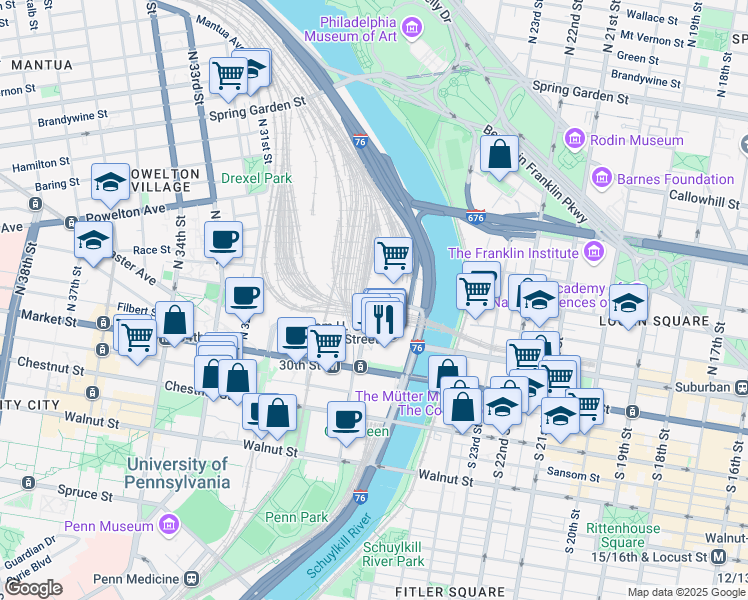 map of restaurants, bars, coffee shops, grocery stores, and more near 5827 Arch Street in Philadelphia