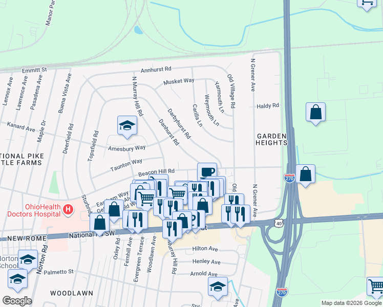 map of restaurants, bars, coffee shops, grocery stores, and more near in Columbus