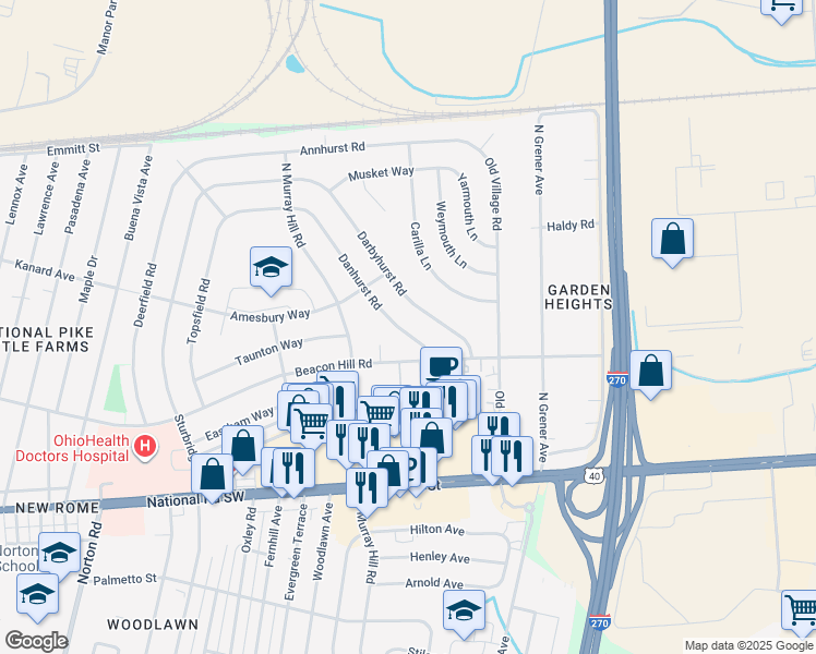 map of restaurants, bars, coffee shops, grocery stores, and more near in Columbus