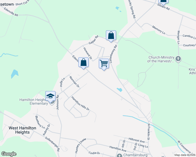 map of restaurants, bars, coffee shops, grocery stores, and more near 1269 Edenville Road in Chambersburg