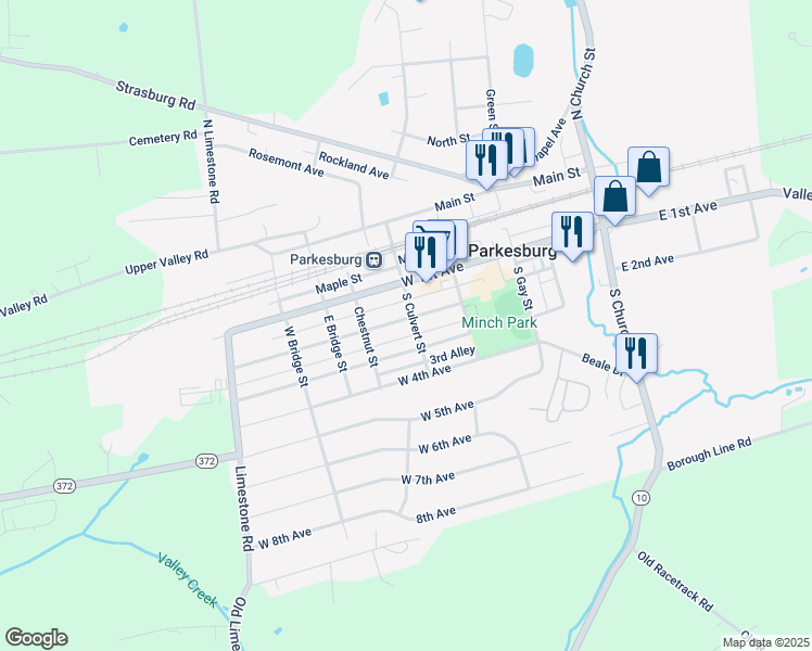 map of restaurants, bars, coffee shops, grocery stores, and more near 506 West 2nd Avenue in Parkesburg