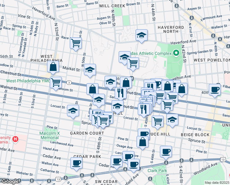 map of restaurants, bars, coffee shops, grocery stores, and more near 4718 Chestnut Street in Philadelphia