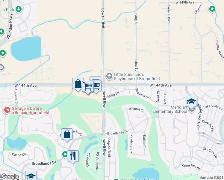 map of restaurants, bars, coffee shops, grocery stores, and more near 3474 Molly Circle in Broomfield