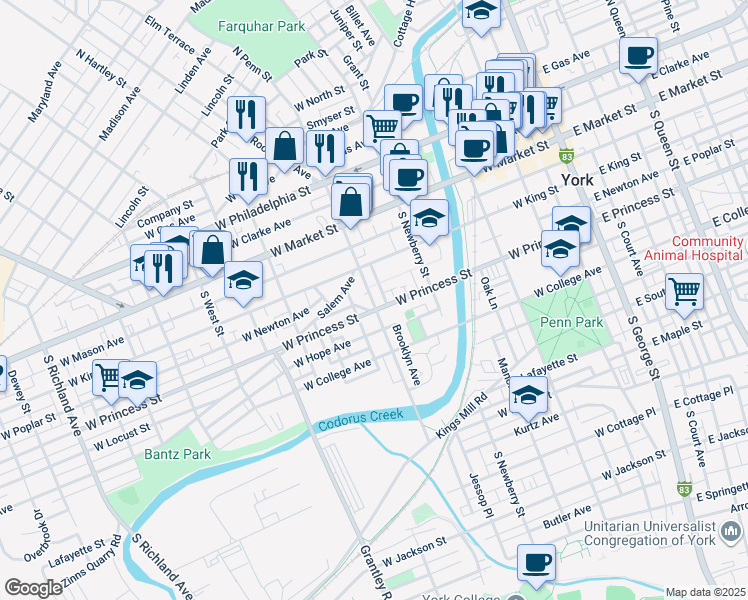 map of restaurants, bars, coffee shops, grocery stores, and more near 155 South Penn Street in York