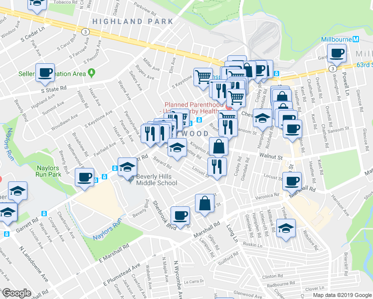 map of restaurants, bars, coffee shops, grocery stores, and more near 335 Huntley Road in Upper Darby