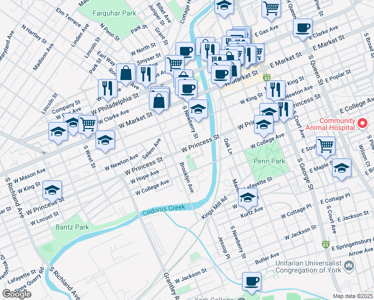 map of restaurants, bars, coffee shops, grocery stores, and more near 336 West Princess Street in York