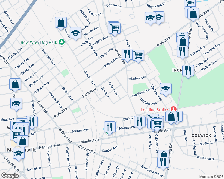 map of restaurants, bars, coffee shops, grocery stores, and more near 3455 Finlaw Avenue in Pennsauken Township