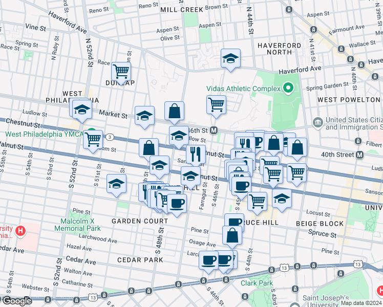 map of restaurants, bars, coffee shops, grocery stores, and more near 4710 Chestnut Street in Philadelphia