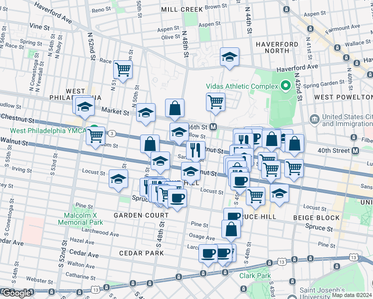 map of restaurants, bars, coffee shops, grocery stores, and more near 4718 Chestnut Street in Philadelphia