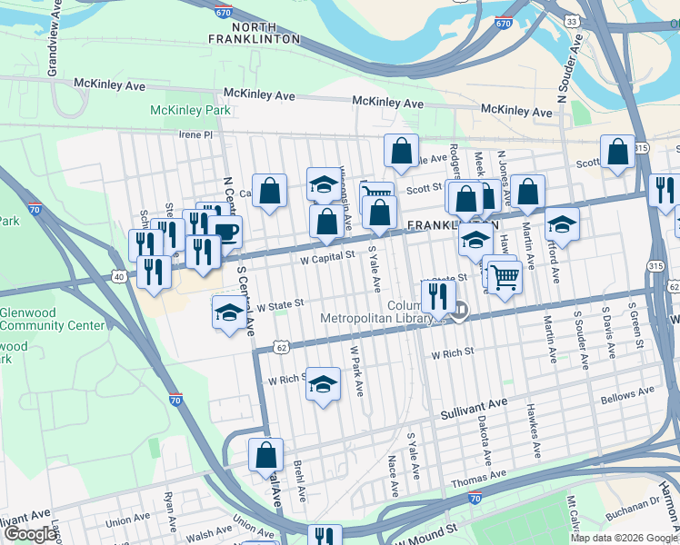 map of restaurants, bars, coffee shops, grocery stores, and more near 60 North Princeton Avenue in Columbus