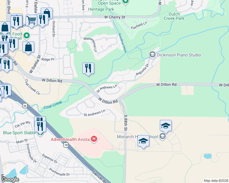map of restaurants, bars, coffee shops, grocery stores, and more near 815 Spyglass Circle in Louisville