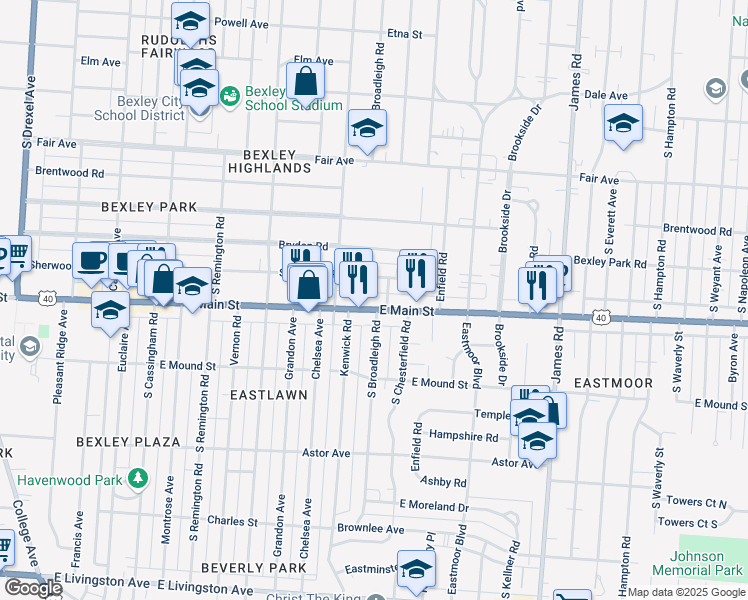 map of restaurants, bars, coffee shops, grocery stores, and more near 2830 East Main Street in Columbus