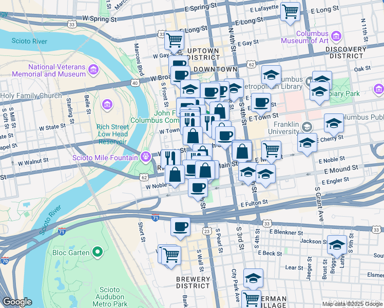 map of restaurants, bars, coffee shops, grocery stores, and more near 245 South High Street in Columbus