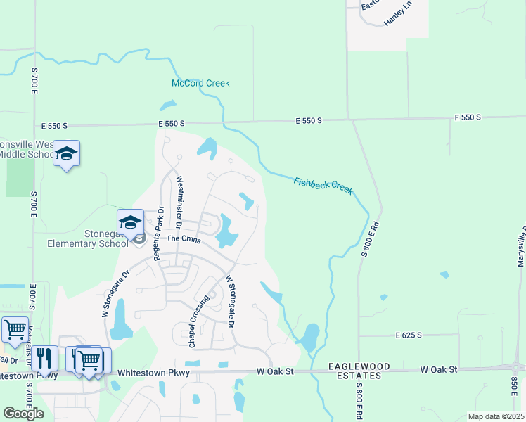 map of restaurants, bars, coffee shops, grocery stores, and more near 6627 East Deerfield Court in Zionsville