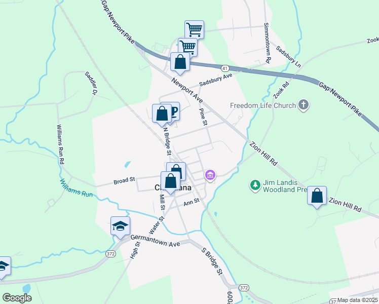 map of restaurants, bars, coffee shops, grocery stores, and more near 24 Elizabeth Street in Christiana
