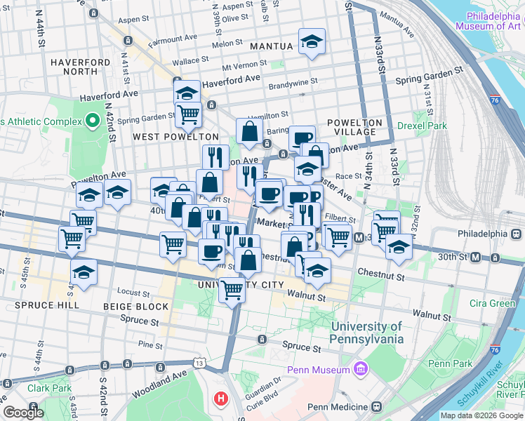 map of restaurants, bars, coffee shops, grocery stores, and more near 3737 Market Street in Philadelphia