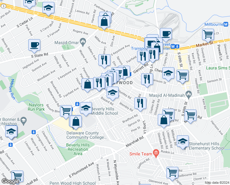 map of restaurants, bars, coffee shops, grocery stores, and more near 365 Avon Road in Upper Darby