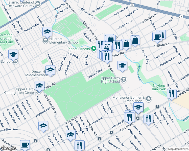 map of restaurants, bars, coffee shops, grocery stores, and more near 2342 Highland Avenue in Drexel Hill