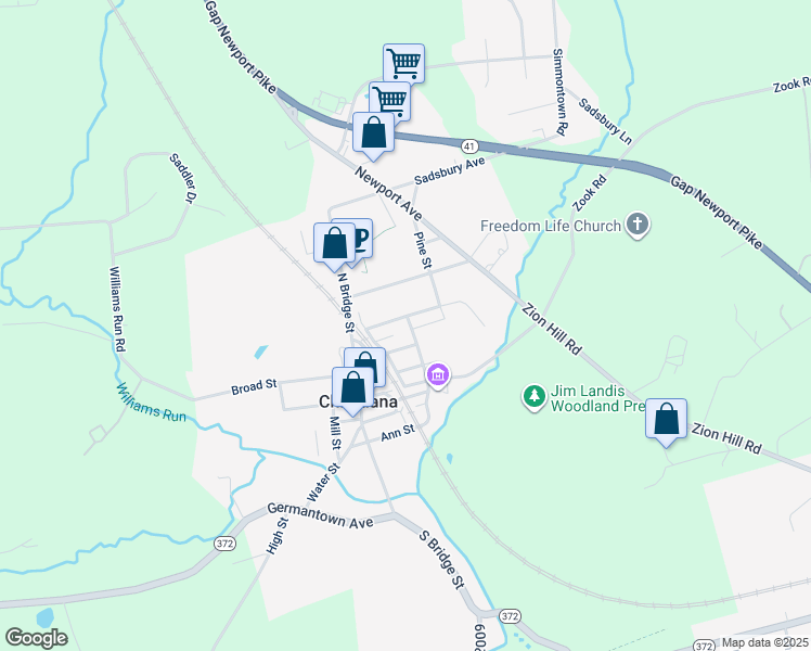 map of restaurants, bars, coffee shops, grocery stores, and more near 32 Elizabeth Street in Christiana