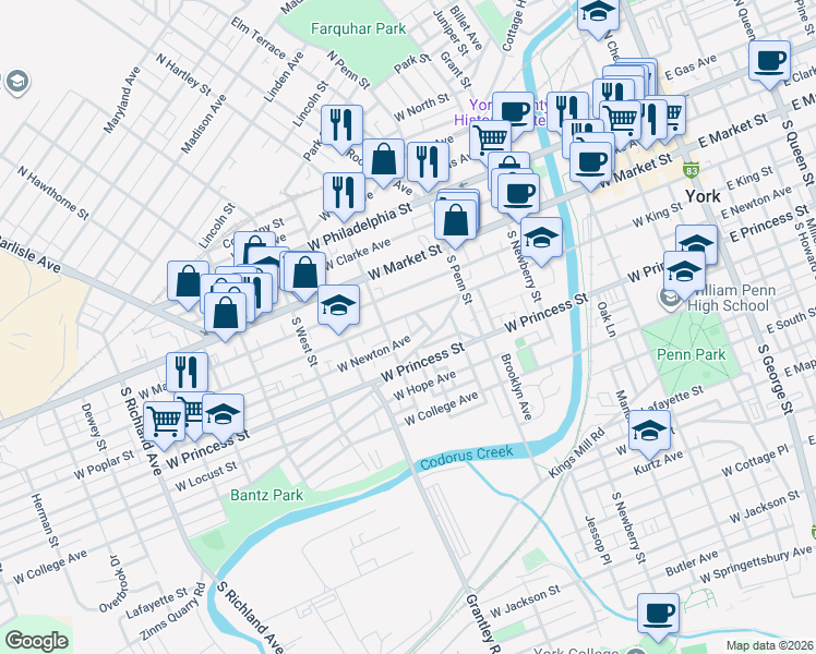 map of restaurants, bars, coffee shops, grocery stores, and more near 118 Neater Street in York