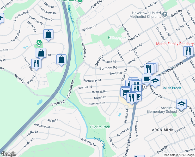 map of restaurants, bars, coffee shops, grocery stores, and more near 205 Friendship Road in Drexel Hill