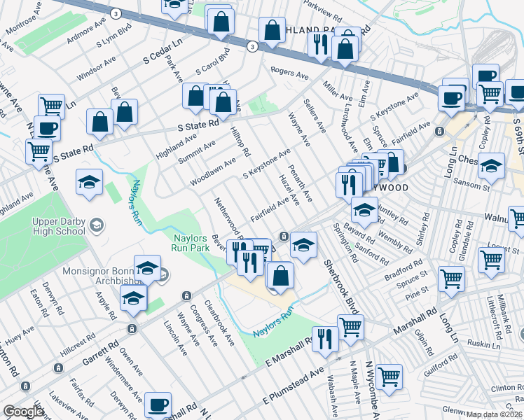 map of restaurants, bars, coffee shops, grocery stores, and more near 501 Midvale Road in Delaware County