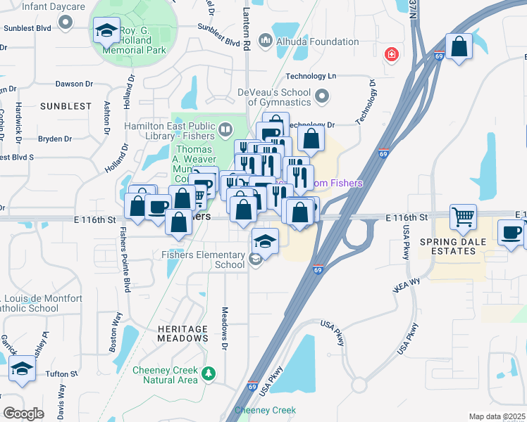 map of restaurants, bars, coffee shops, grocery stores, and more near 8890 East 116th Street in Fishers