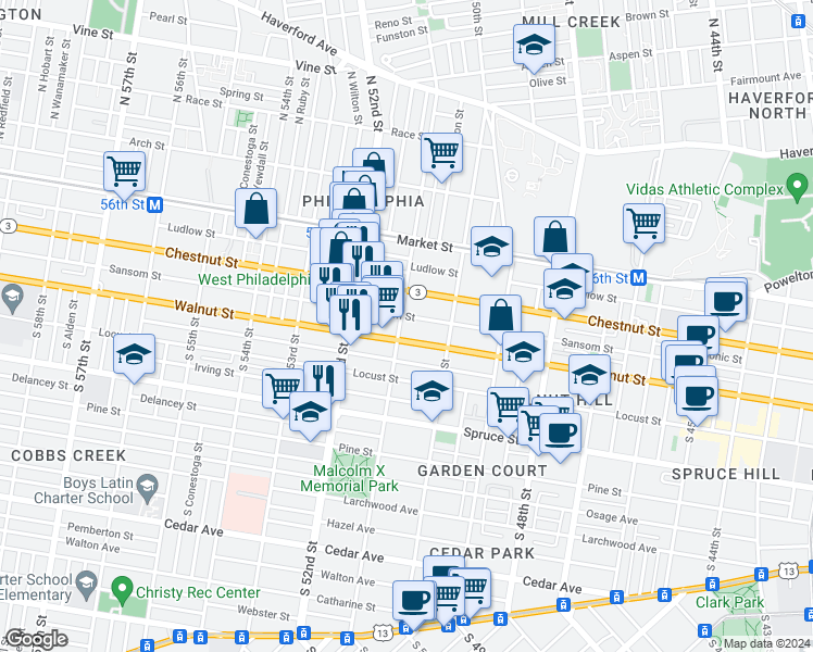 map of restaurants, bars, coffee shops, grocery stores, and more near 135 South 51st Street in Philadelphia