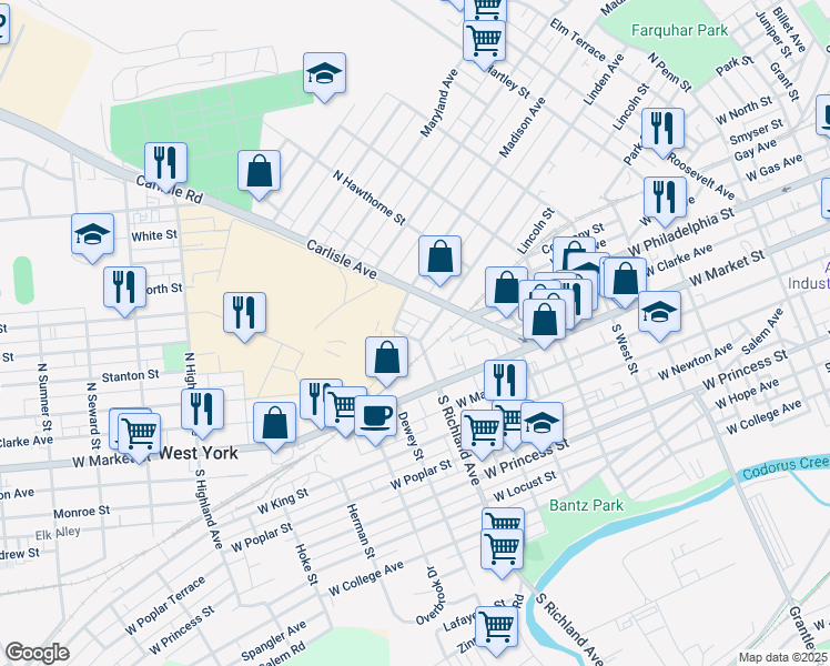 map of restaurants, bars, coffee shops, grocery stores, and more near 945 Linden Avenue in York